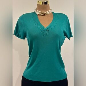 Bay Studio Career Persian Green V Neck Beaded Knot Middle Short Sleeves. Sz L.